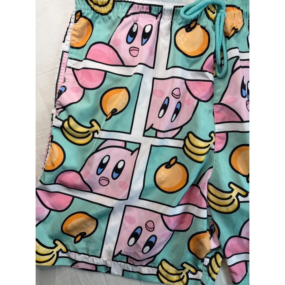 Nintendo Kirby Mens Sz XL Swim Trunks Teal Pink‎ Comic Panel Fruit Board Shorts